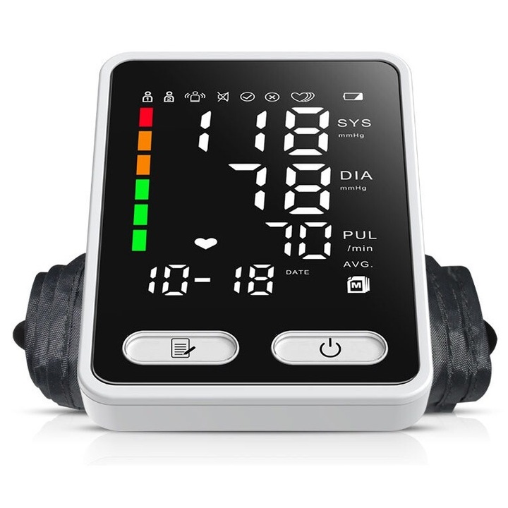 Tensiometru de brat EvoSmart™ 806R, Afisaj LED cu caractere mari, Auto-masurare, Detectare puls neregulat, Validat clinic, Manseta 22-32cm, Oscilometric, 90 Memorii, Reincarcabil cu Acumulator, Alb