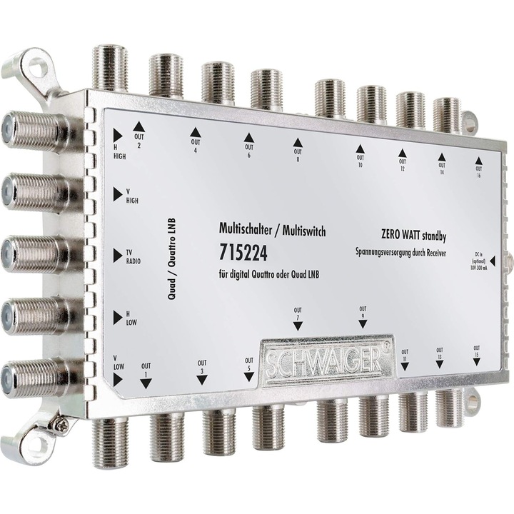 Multiswitch 5 bemenettel és 16 kimenettel, 1 földi bemenettel és 4 SAT-al, alumínium ház, 155 x 80 x 20 mm, tápegység mellékelve