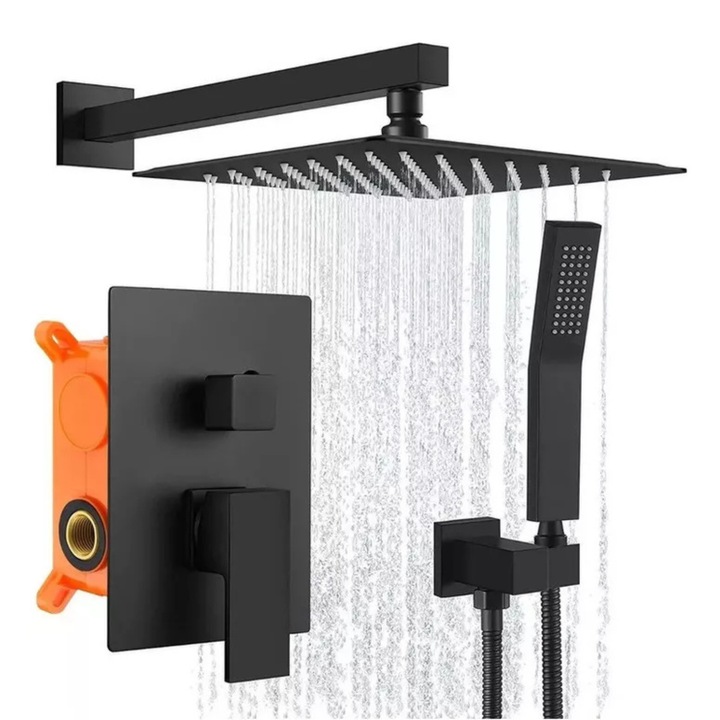 Set de Dus Incastrat Perete Coloana Dus NAXSELL®, Cap de Dus Mare Tip Ploaie, Fabricat Integral din Metal de Calitate, Set de Dus Complet, Design Modern, Baterie Termostatica, Comanda Dubla, Rezistent la Coroziune, Otel Inoxidabil si Cupru, Negru