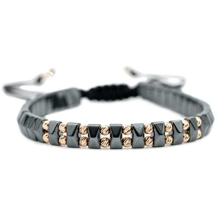 Bratara cu 20 de bile de Aur 14k si pietre semipretioase Hematit negru, Ajustabila