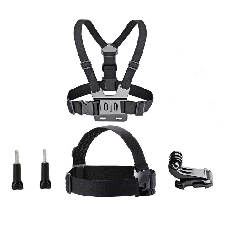 Колан за гърди, предназначен за екшън камери, 5 в 1, съвместим с GoPro, камери, регулируем, опора за глава и каишка за гърди, многофункционален, OUYLAF, черен