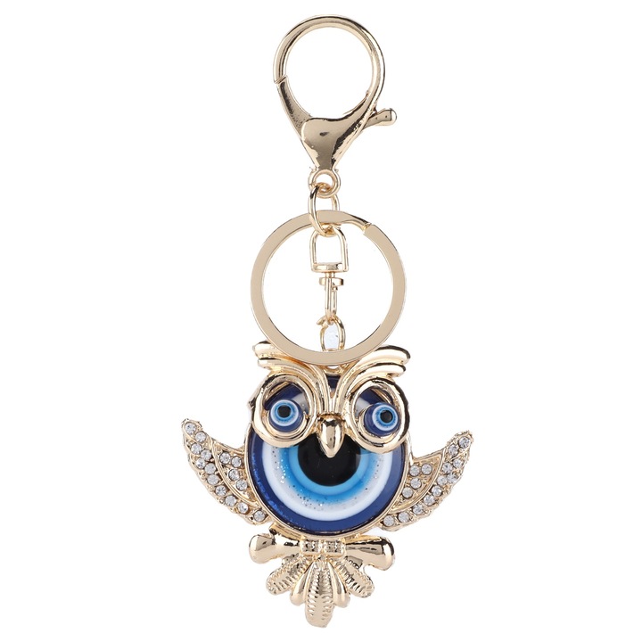 Kristály kulcstartó, Jormftte, bagoly modell, török szem, kék, táska kiegészítők