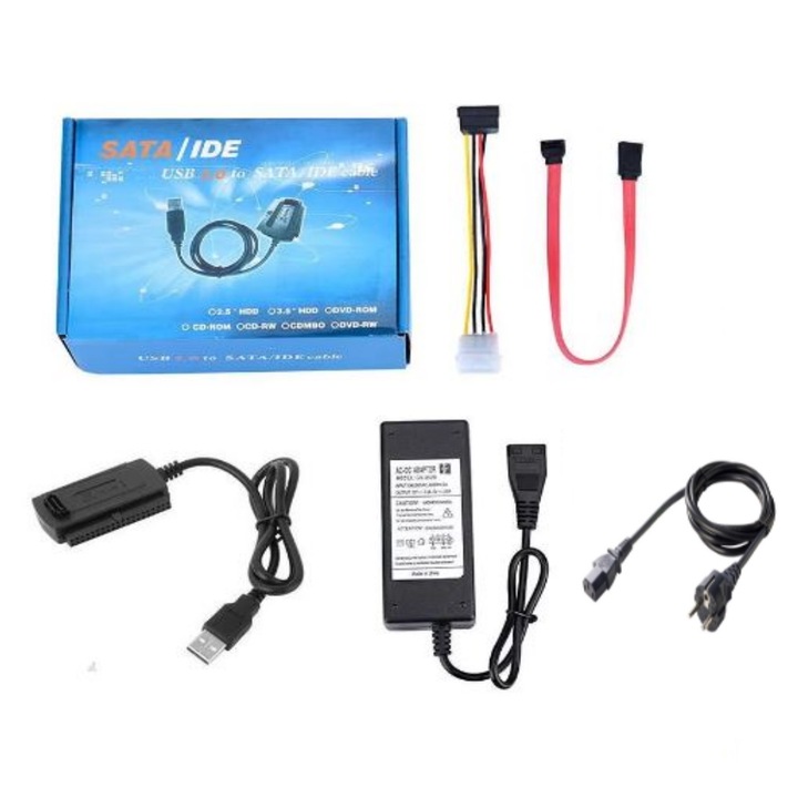 Конвертор, USB2.0, за IDE/SATA HDD + 2A захранване + 1.2m захранващ кабел от 230V AC
