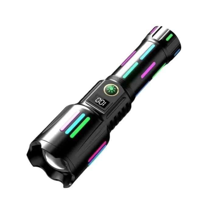 Тактически фенер 6500lm, 26650mah батерия, USB Type-C зареждане, Zoom, черен