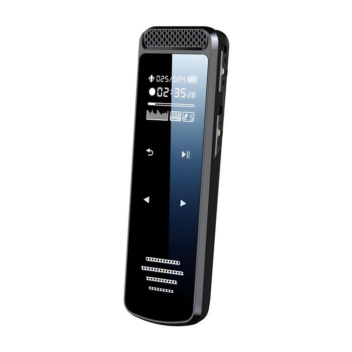 Професионален репортер KALEPO® с гласова активация, 64 GB, Функция MP3 плейър, Високоговорител, 240 часа съхранение, Ясен звук, Заключване с парола, Ефективен до 60 м, Лесен за използване, Черен