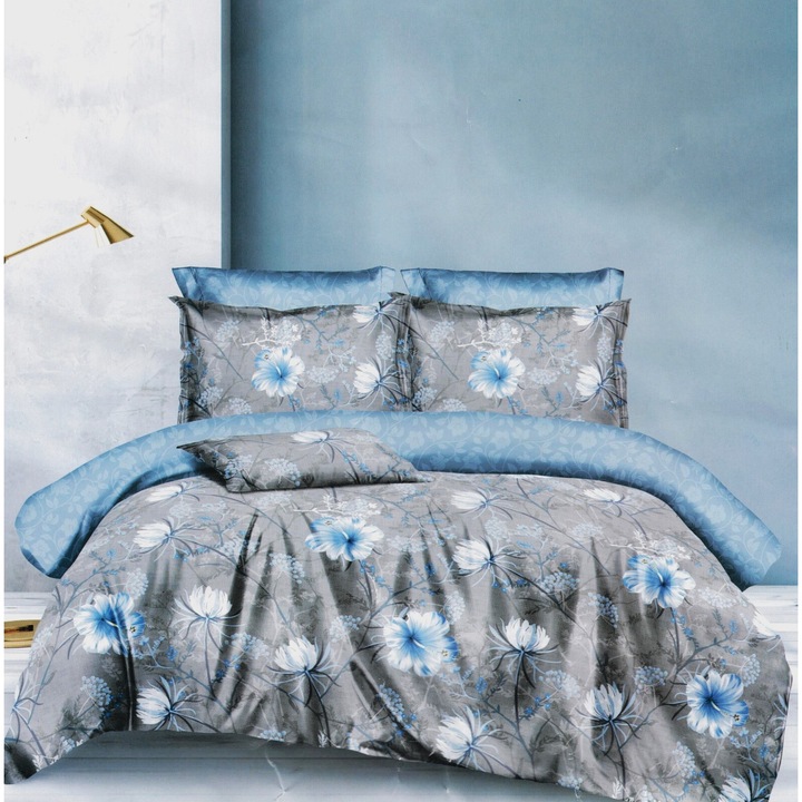 Lenjerie Din Bumbac Satinat 4 Piese - Gri Cu Flori