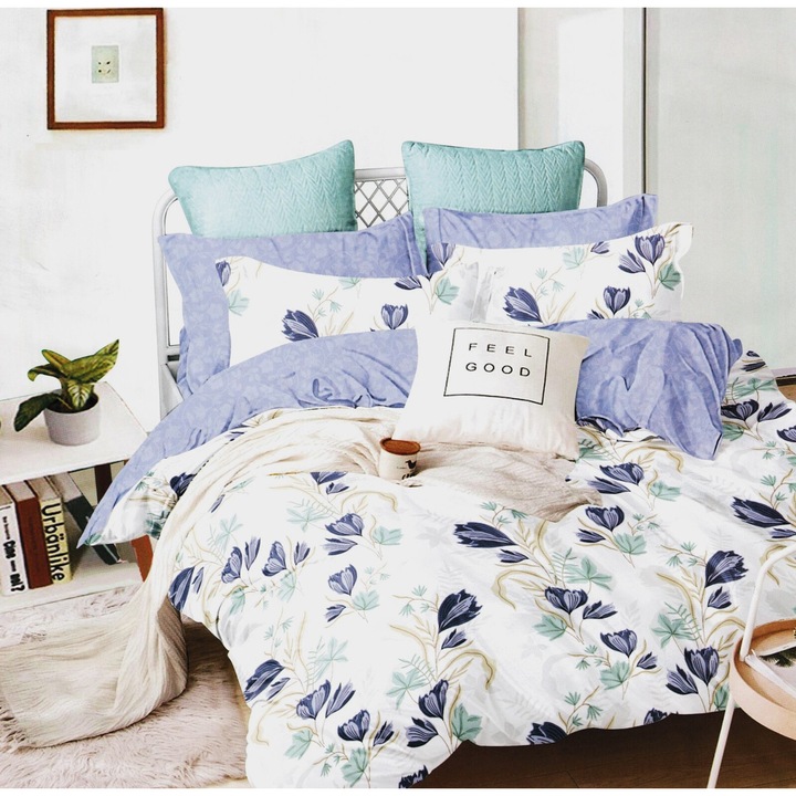 Lenjerie Din Bumbac Satinat 4 Piese - Flori Albastre