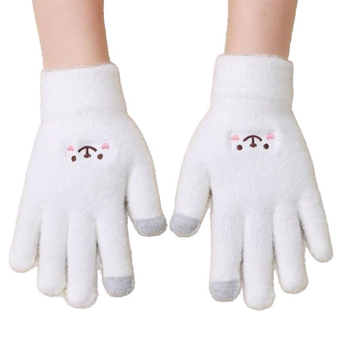 Manusi Dama, Flippy, Model Fata Zambitoare, Functie Touchscreen (ecran tactil), Material Lana Brodata, Manseta Elastica, Interior Pufos, Marime Universala, Alb