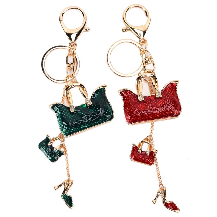 Kulcstartó szett 2 darab, Jormftte, piros és zöld, cinkötvözet, strasszos design