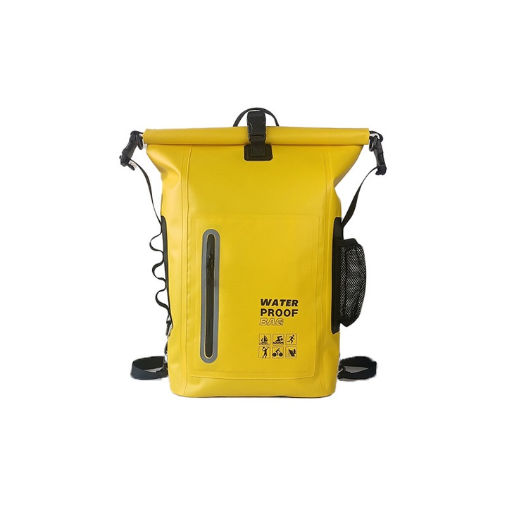 Rucsac impermeabil 25L galben pentru sporturi nautice, curele reglabile, buzunar pentru smartphone, dimensiuni 60,5x30cm
