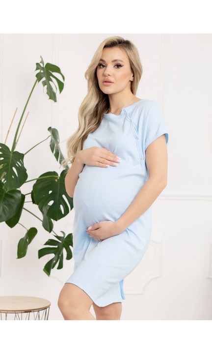 Camasa de maternitate si nastere For Mommy Baki Baby Blue, din bumbac, design practic cu acces rapid prin capse oblice pe piept si deschidere totala la spate, masura XL