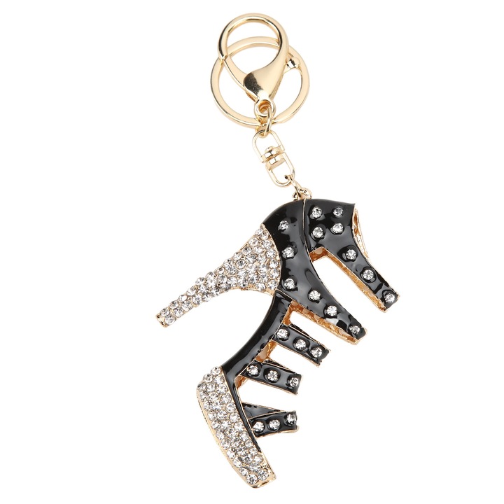 Kulcstartó, magassarkú cipő forma, Jormftte, cinkötvözet, strassz, fekete