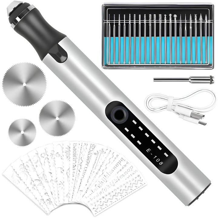 KINX multifunkcionális gép gravírozáshoz és szobrászathoz, 3,6 V, 8 W, 18000 RPM, 3 sebesség, 40 tartozék, gravírozás fémre, üvegre, kőre, fa, USB újratölthető, perforálás, polírozás, vágás, ezüst
