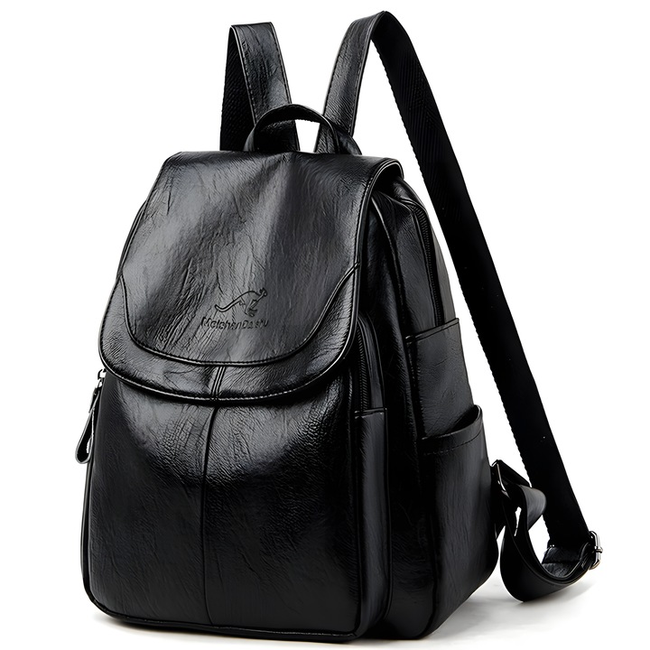 Мултифункционална раница с капак AZeira®, еко кожа, с отделения, презрамки от еко кожа, водоустойчива, външен джоб с цип, 30x26x12 см, черна