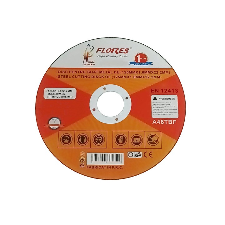 Disc de taiere, Flores, pentru metal, 125 mm diametru, 1.6 mm grosime, polizor unghiular 125 mm 1.6 mm