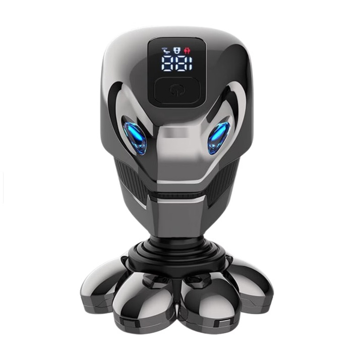 Masina de tuns si de ras profesional 5 in 1, 6 Capete Individuale, 7 Inele de Lame Duble, Rezistent la Apa, Afisaj LED, Sistem de Blocare, Silentios, Incarcare USB, Culoare Silver, 180*108*110mm