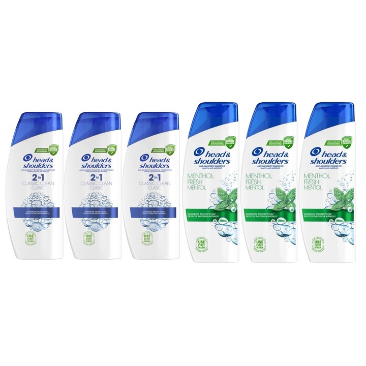 Set Igiena Head&shoulders 6 x Componente, 3 x sampon 500ml 2 in 1 classic clean, 3 x sampon 330ml menthol fresh, testat dermatologic, prospetime de lunga durata, delicat pentru scalp, non-toxic, eco-friendly, aspect stralucitor
