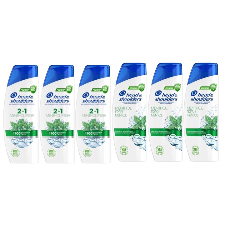 Set Igiena Head&shoulders 6 x Componente, 3 x sampon 330ml 2 in 1 menthol fresh, 3 x sampon 330ml menthol fresh, testat dermatologic, prospetime de lunga durata, delicat pentru scalp, non-toxic, eco-friendly, aspect stralucitor