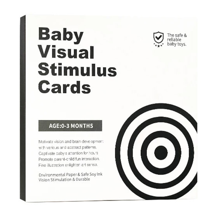 Set 16 carduri stimulare vizuala bebelusi, cartonase cu imagini alb si negru, 0-3 luni, E-Toy®