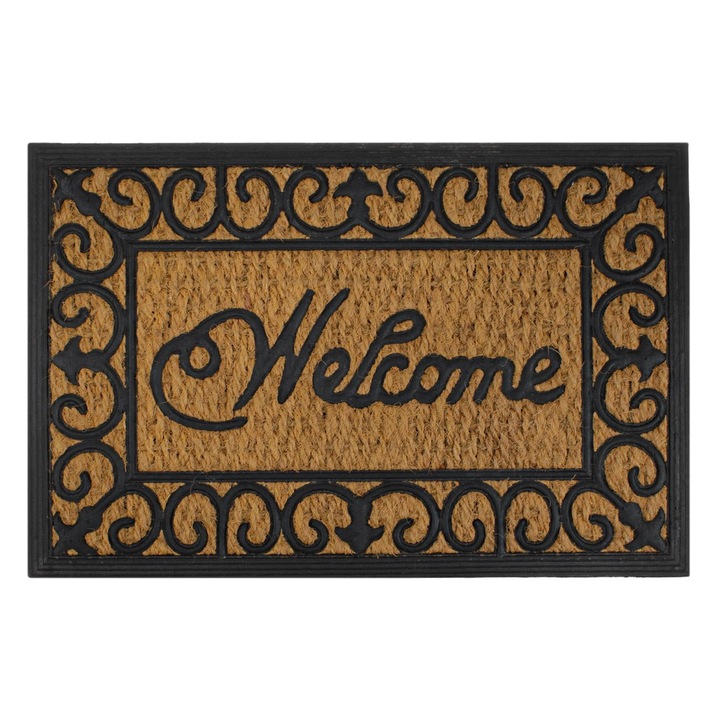 Lábtörlő, Welcome modell, barna/fekete, 60x40cm, kókuszrost és gumi, MYONNA IT & E- COMMERCE ®