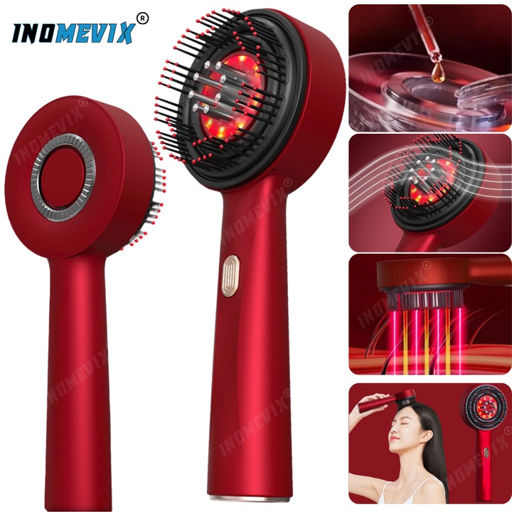 Perie par, Masaj scalp electrica INOMEVIX®, 3 moduri de masaj personalizate, Terapie LED infrarosu, Aplicator de tratamente si uleiuri esentiale, Perie masaj si hidratarea scalpului, Reduce caderea parului si stimuleaza cresterea, IPX7 rezistenta la apa