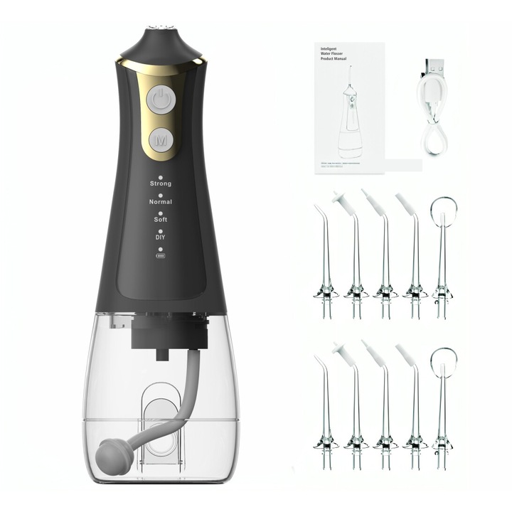 Irigator Oral Profesional pentru Dus Bucal, Techbasics®, 4 Trepte de presiune, Personalizare Pulsatii, 1500 mAh, Rezervor 300 ml, 10 Duze incluse, Protectie supraincalzire, Rezistent la apa, Negru/Auriu