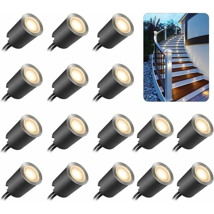 16 db Kültéri Beépíthető LED Spot Lámpa, IP67, Ø 32mm, Kültéri Beépíthető Spotok Fa Teraszhoz, Medencéhez, Kerthez, Lépcsőkhöz, Fa Deckhez (EU csatlakozóval) (16 Meleg Fehér LED 2800k)