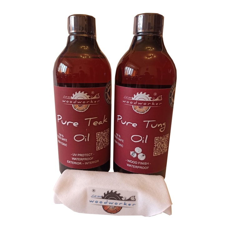 Tömörfa karbantartó csomag, belső, külső, Dual Pack, Pure Tung Oil, Pure Teak Oil, Pamutszövet, 500ml/500ml, Belül, Külső, Famegmunkáló