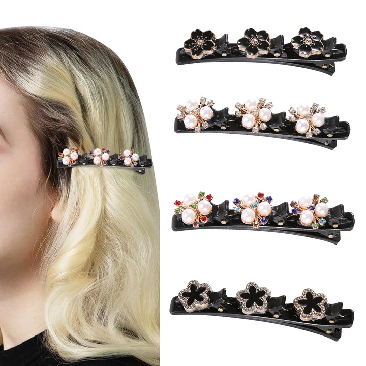 Fényes kristályokkal díszített fonott hajcsat, szatén anyagú fejpánt, kacsacsőrű hajcsat