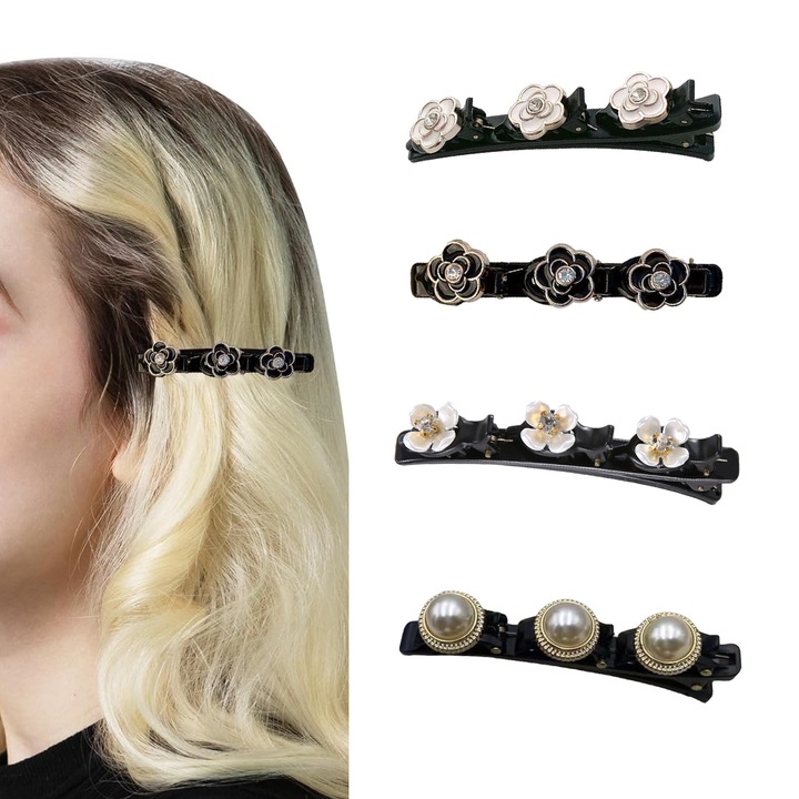 Fényes kristályokkal fonott hajcsat, szatén anyagú hajpánt, kacsacsőrű hajcsat