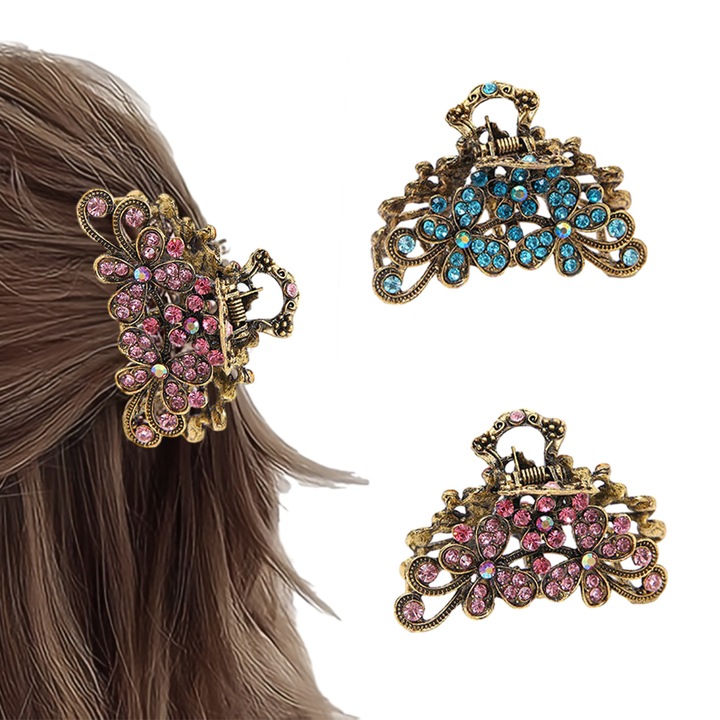 Vintage strasszköves hajcsat, kristály pofás klip, fémötvözetből készült díszes hajcsat, dekoratív hajcsat kiegészítők