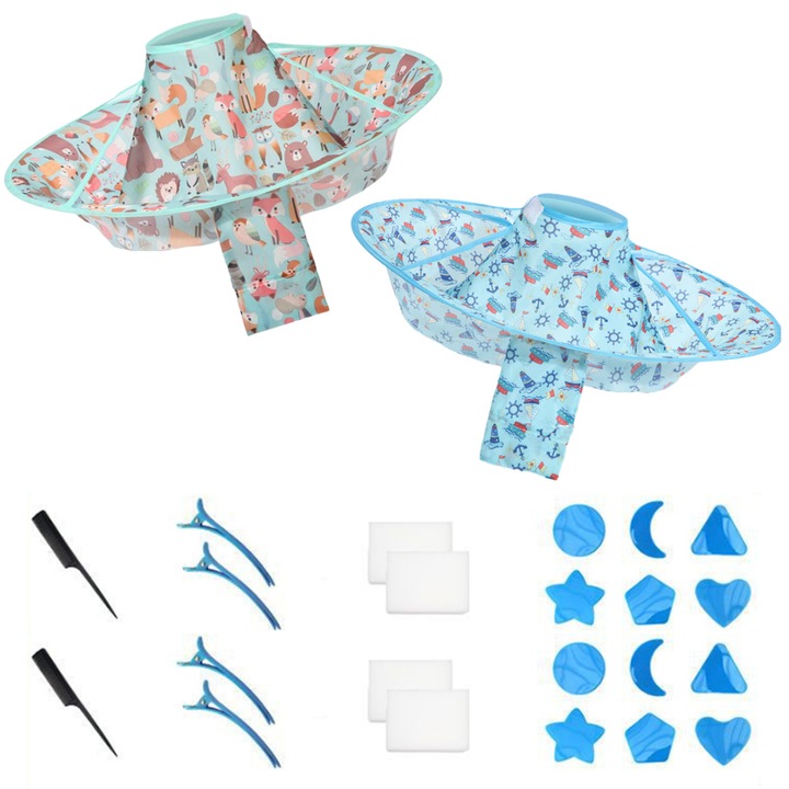 Set 24 piese accesorii tuns, AMRINUGL, include foarfeci, pieptene, capa, clips, bureti, multicolor