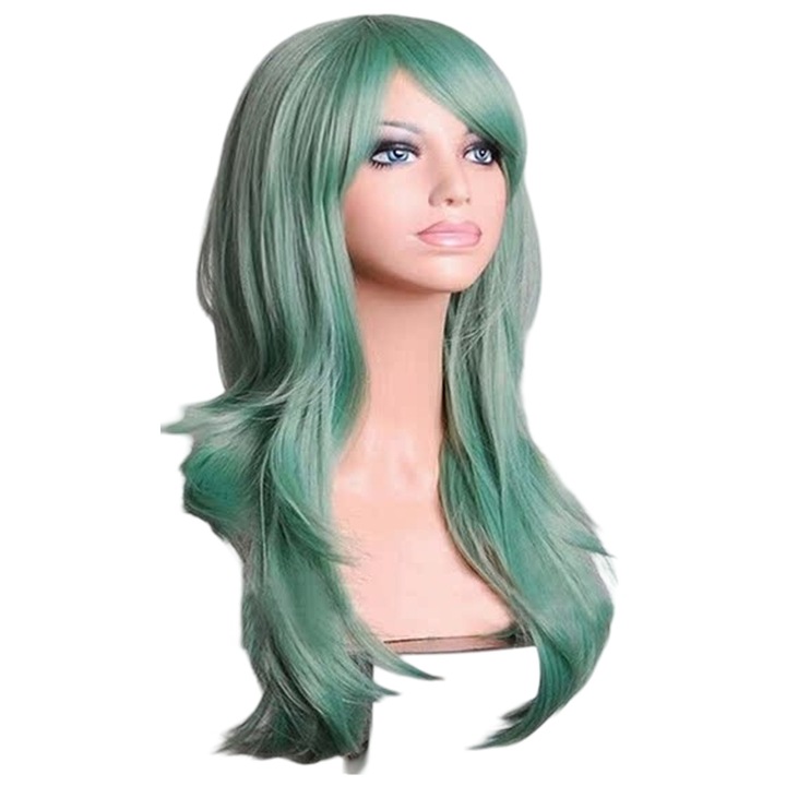 Peruca lunga ondulata, AMRUGL, sintetica, rezistenta la caldura, 70cm, verde