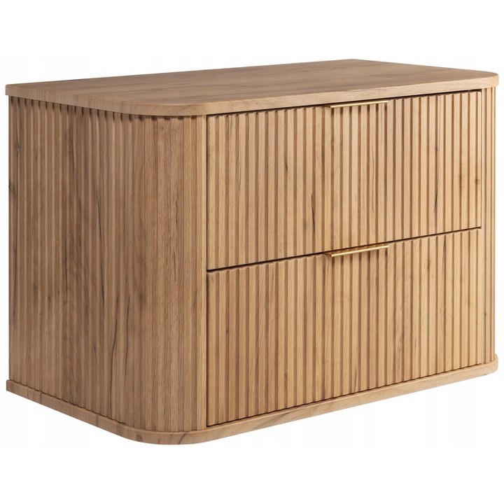 Dulap de baie, RODAN, Elegance, Suspendat, 41.5x80.4x51.7cm, Fronturi canelate, Soft Close, MDF, 2 sertare, Stejar craft auriu, Maro