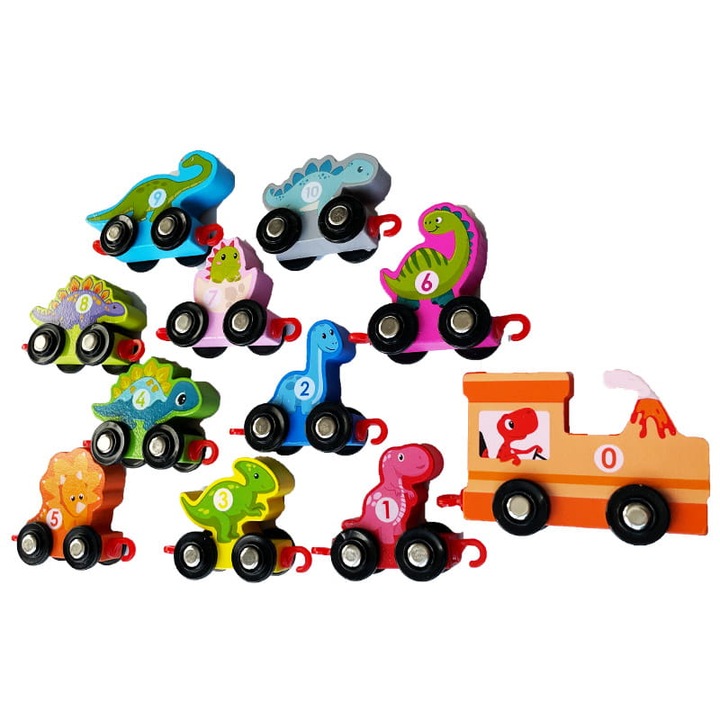 Set Trenulet Din Lemn Cu Dinozauri, Habarri, Trenulet Mini Din Lemn, Vagoane Cu Roti In Forma De Dinozauri, Conectate Cu Un Carlig Rosu, Cu Vopsele Pe Baza De Apa Sigure, Varsta Recomandata 3+, 22x5x14 cm, Multicolor, 11 Piese Puzzle