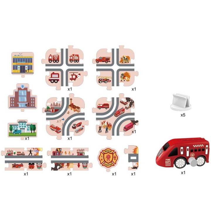 Пъзел път за малки колички, Habarri, 44 елемента, тема пожарникари, 80x60см