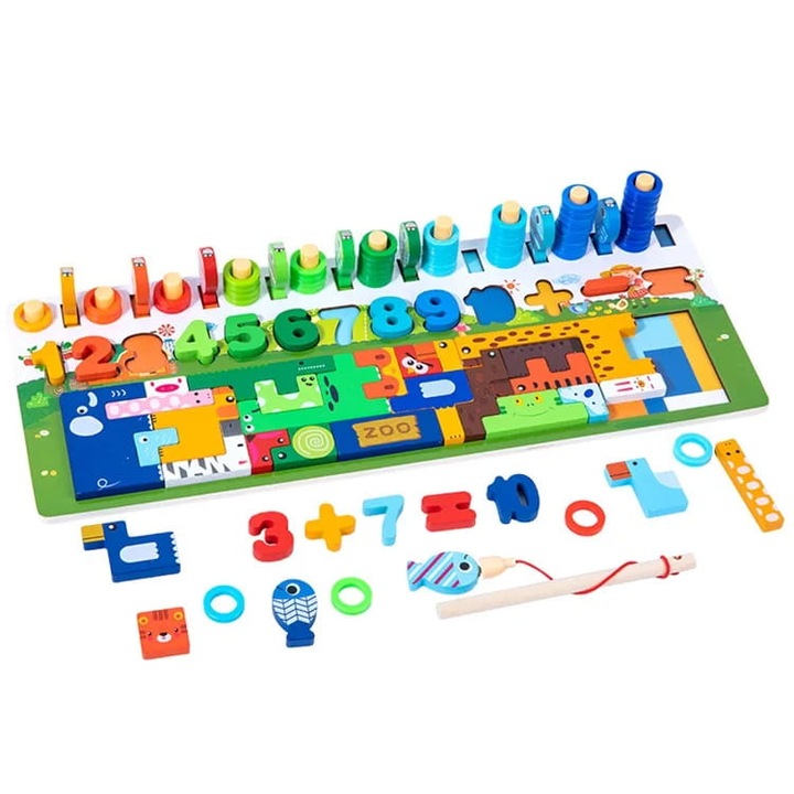 Tablica educationala Montessori, recunoasterea cifrelor si formelor, multicolor, 45x17cm, set 104 elemente