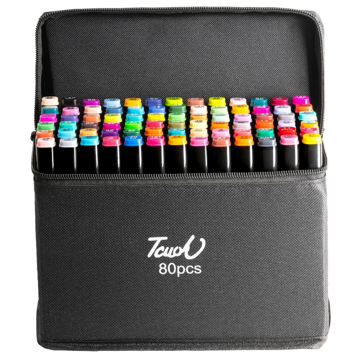 Set 80 markere cu varf dublu, diverse culori cu geanta neagra de depozitare inclusa