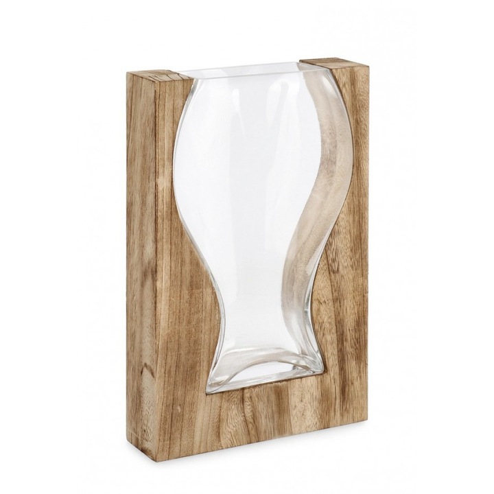 Set 3 vaze flori sticla lemn Medea 19.5x6x30 cm