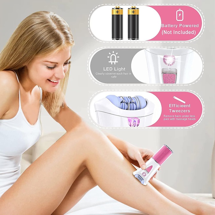 Epilator pentru femei, epilator facial pentru indepartarea parului umed si uscat pentru corp, picioare, brate, trimmer electric pentru bikini cu lumina LED, aparat de ras cu baterie pentru femei, de