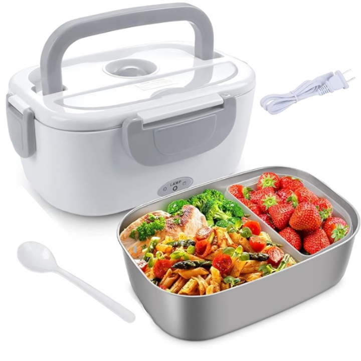 Преносима електрическа кутия за закуски, кутия за обяд, неръждаема стомана и пластмаса, лесна за почистване, 1/5 л, бяла/сива