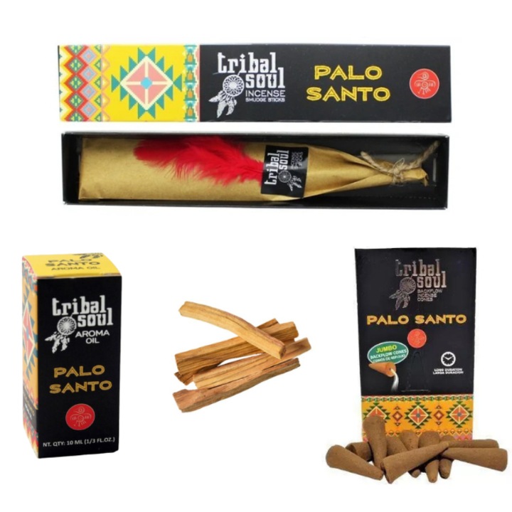 Set mix aromaterapie palo santo, Tribal Soul, betisoare parfumate, conuri backflow, ulei aromat, lemn de palo santo 50g