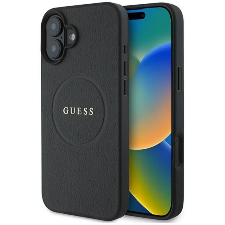 Защитен калъф Guess Grained Classic Logo MagSafe за iPhone 16 Plus, черен