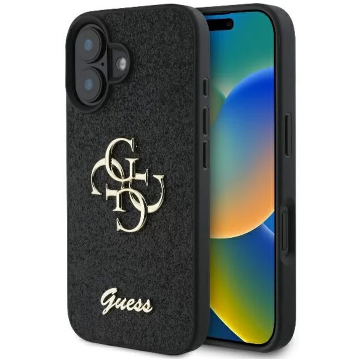 Защитен калъф Guess Fixed Glitter 4G Metal Logo за iPhone 16 Plus, черен