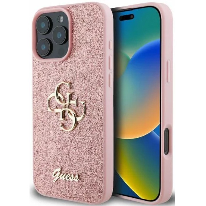 Защитен калъф Guess Fixed Glitter 4G Metal Logo за iPhone 16 Pro Max, розов