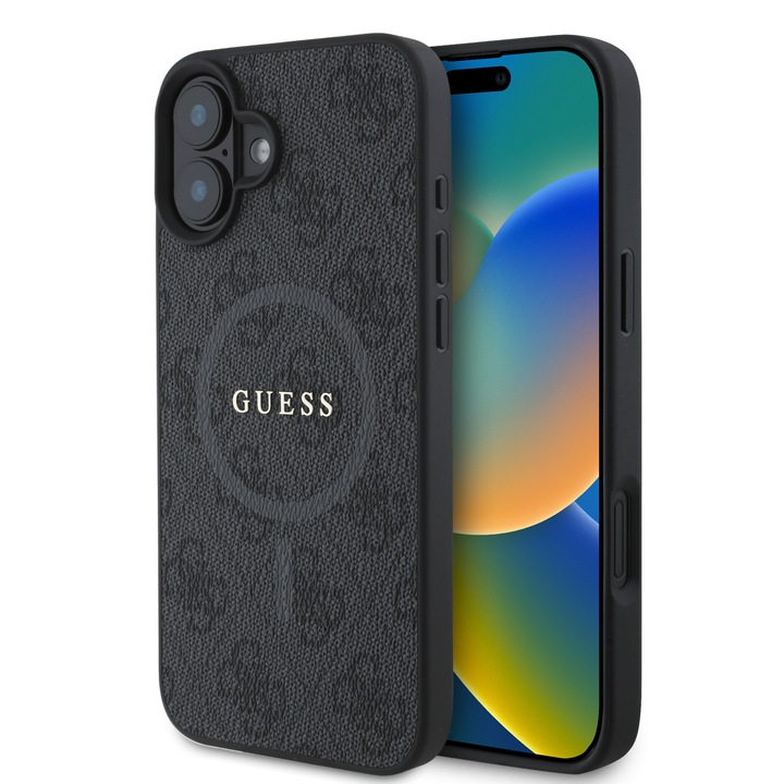 Husa de protectie Guess Leather 4G Colored Ring MagSafe pentru iPhone 16, Negru
