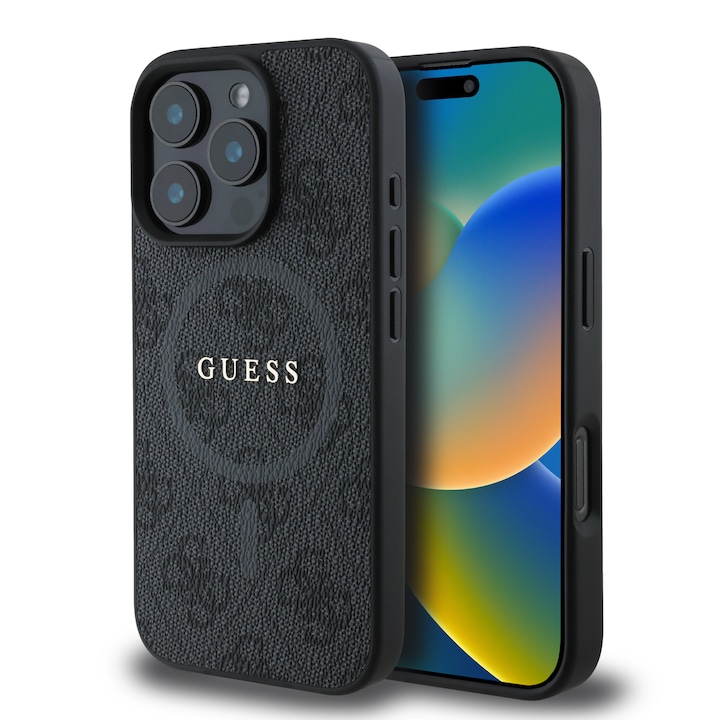 Защитен калъф Guess Leather 4G Colored Ring MagSafe за iPhone 16 Pro, черен