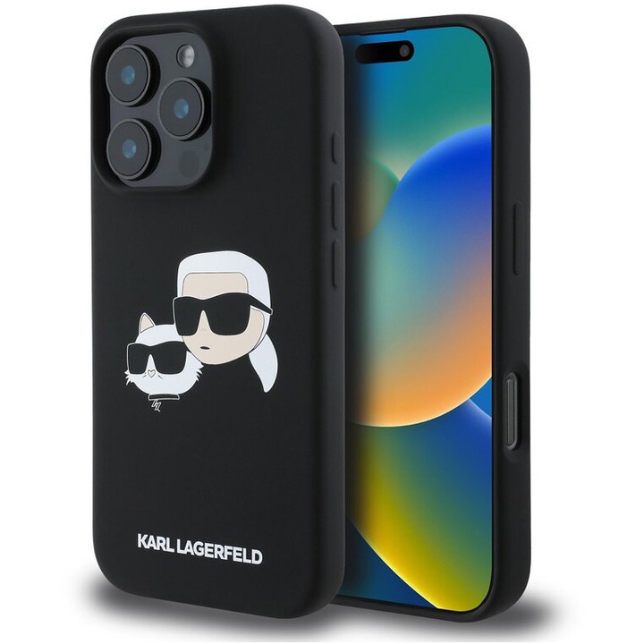 Husa de protectie Karl Lagerfeld Liquid Silicone Double Heads MagSafe pentru iPhone 16 Pro, Negru