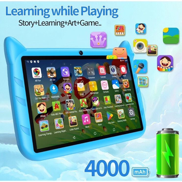 Tableta pentru copii, 7 Inch, 5G WiFi, Quad Core Android, 4GB RAM 64GB ROM, Mod de control parental online, Bluetooth, WiFi, Albastru