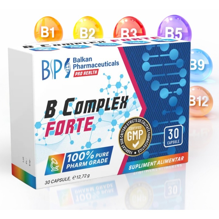 Supliment B Complex Forte Balkan Pharmaceuticals 30 Capsule, Complex Vitamine B1 B2 B3 B5 B6 B7 B9 B12, Energie si Vitalitate, Reduce Oboseala, Sustine Sistemul Nervos si Functia Cognitiva, Metabolism Energetic